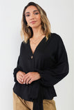 Black Satin V-neck Bishop Sleeve Self-tie Belt Relaxed Blouse Top