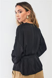 Black Satin V-neck Bishop Sleeve Self-tie Belt Relaxed Blouse Top