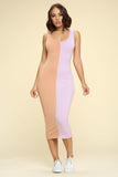 Casual Two-tone Midi Dress, Scoop Neck, Sleeveless