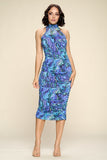 Multi-color Marble Print Midi Dress, Ruched, Small Slit