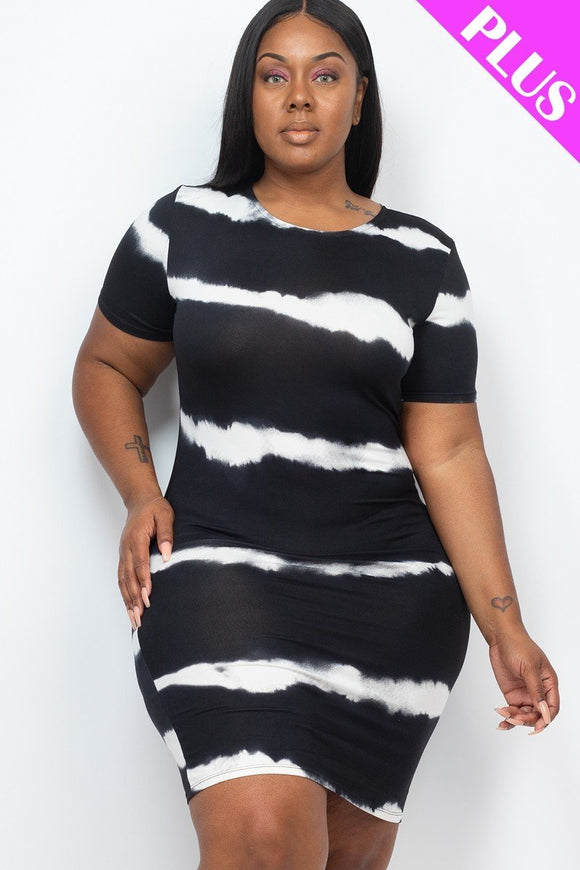 Plus Size Stripe Tie-dye Printed Midi Dress