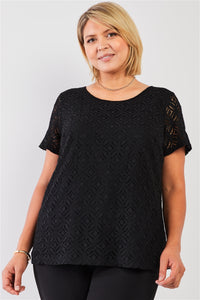 Plus Black Round Neck Short Sleeve Lace Embroidery Top