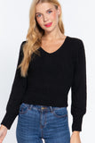 Long Puff Slv V-neck Rib Sweater