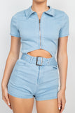 Belted Zip-up Denim Romper