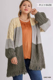 Patchwork Knitted Open Front Cardigan Sweater With Frayed Hem