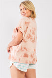 Plus Light Marsala Tie-die Crew Neck Short Folded Sleeve Top