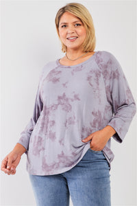 Plus Lavender Tie-dye Acid Wash Print Round Neck Long Sleeve Drop Shoulder Relaxed Sweatshirt Top