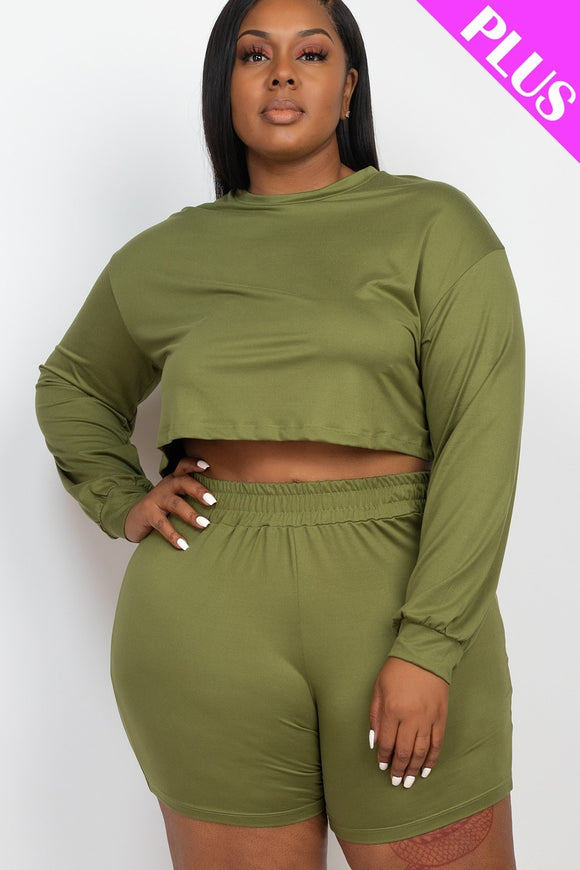 Plus Size Cozy Crop Top And Shorts Set