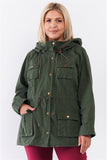 Plus Olive Cotton Front Zip-up & Button Down Detachable Hood Detail Utility Jacket