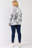 Plus Graphite Tie-dye Print Fleece Combo Plush Collared Neck Long Sleeve Loose Fit Top