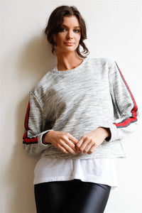 Heather Grey Lurex Stripe Sleeve Detail Raw Hem Sweatshirt