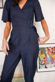 Navy Front Side Buckle Belt Detail Wrap Jumpsuit