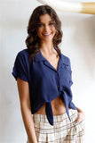 Navy Collared Short Sleeve Self-tie Front Cropped Top