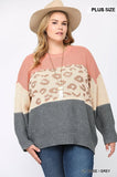 Color Block And Leopard Pattern Mixed Pullover Sweater