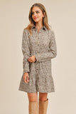 Corduroy Printed Button Down Front Collar Long Sleeve Dress