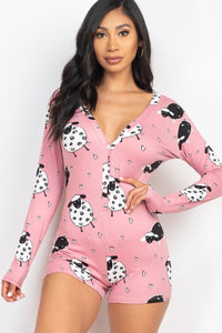 Sheep Print V-neck Button Romper