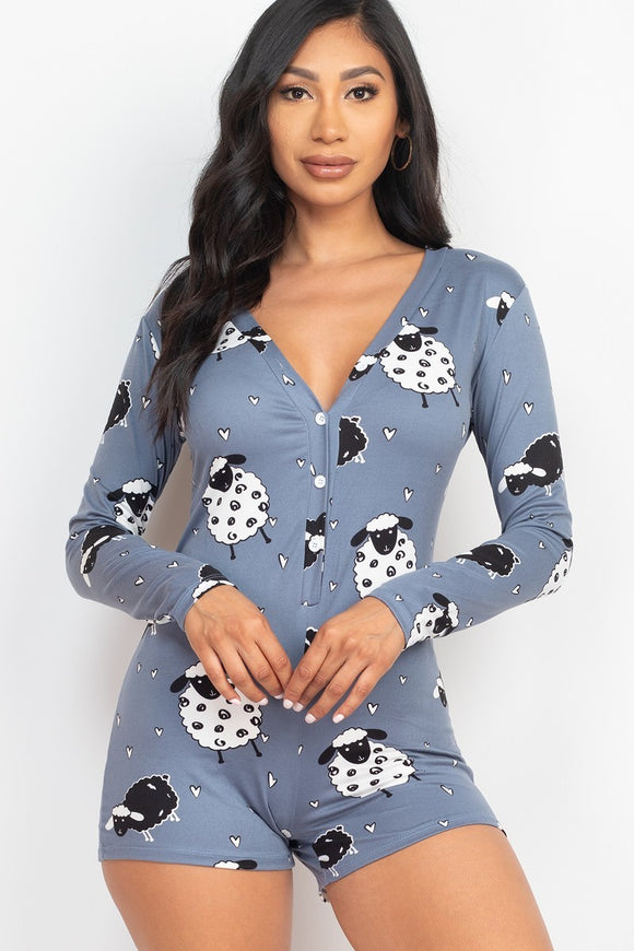 Sheep Print V-neck Button Romper