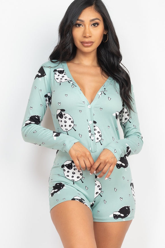 Sheep Print V-neck Button Romper