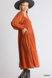 Ruffle Cuffed Long Sleeve Square Neckline Smocked Peasant Midi Dress