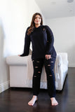 Plus Black Distressed Hooded Long Sleeve Top & Pants Set