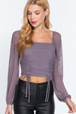 Long Slv Ruched Mesh Knit Top