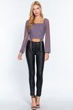 Long Slv Ruched Mesh Knit Top