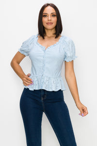 Peplum Eyelet Puff Sleeve Top