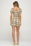 Puff Sleeves Plaid Mini Dress