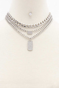 3 Layered Metal Chain Rhinestone Pendant Necklace Earring Set