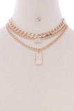 3 Layered Metal Chain Rhinestone Pendant Necklace Earring Set